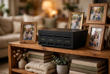 NAS on a bookshelf surrounded by framed family photos in warm home lighting