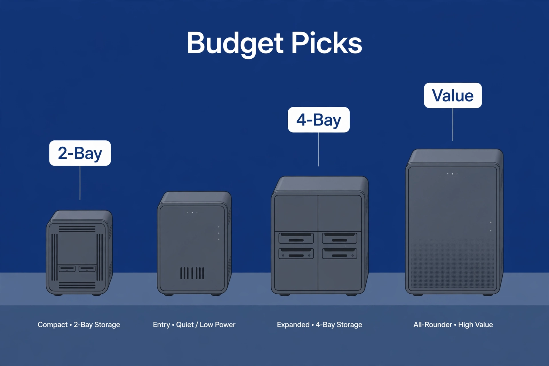 Four compact NAS boxes lined up on a table for side-by-side comparison in a home office