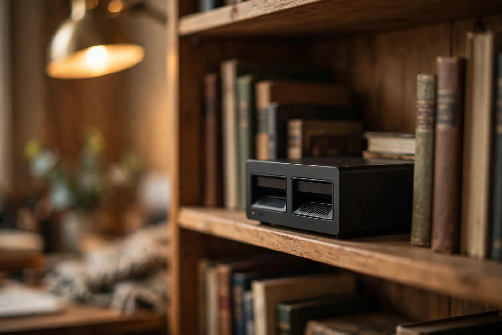 Small 2-bay NAS on a bookshelf in a home office lit by a warm lamp