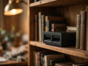 Small 2-bay NAS on a bookshelf in a home office lit by a warm lamp