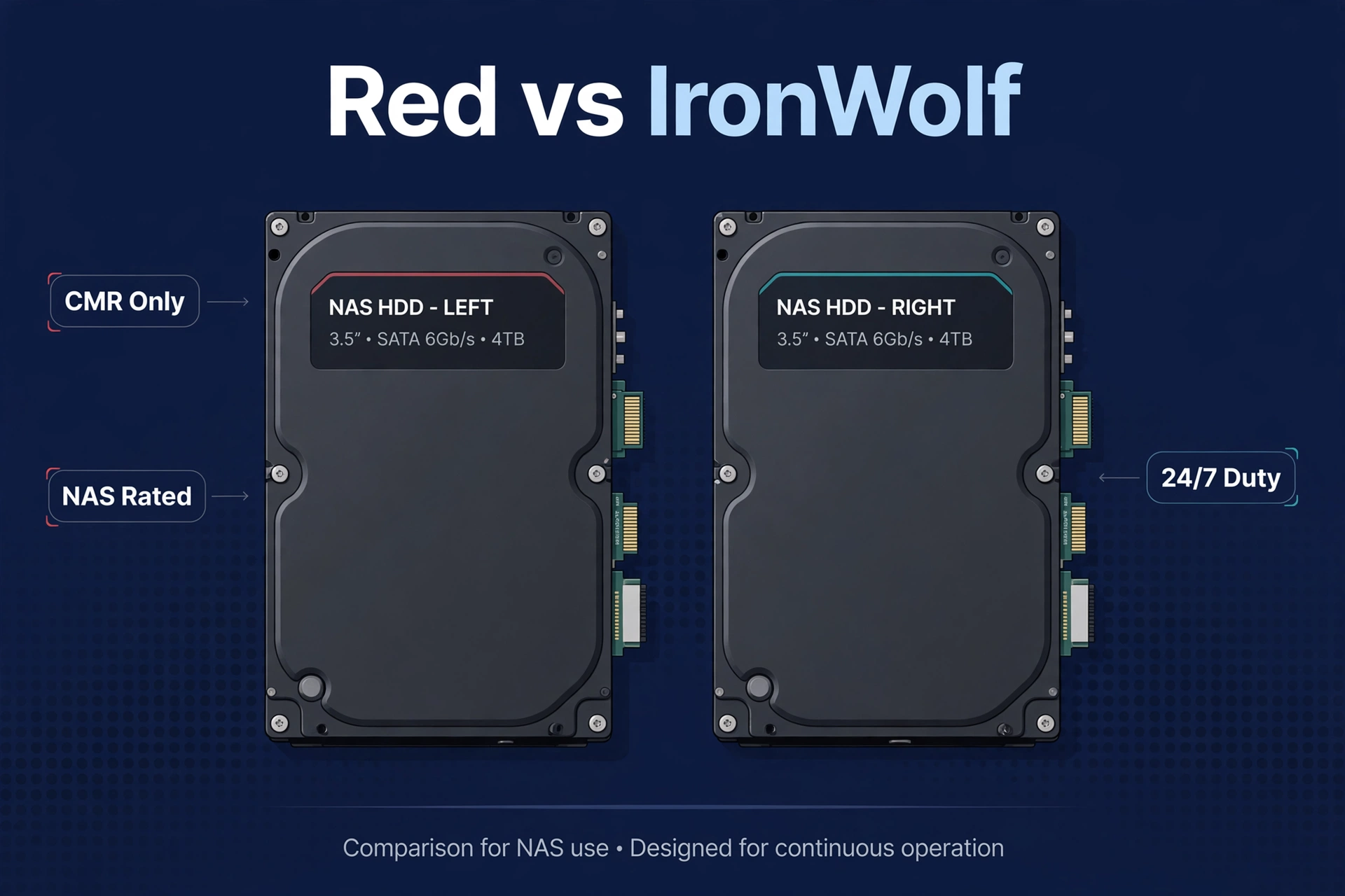 Side-by-side comparison of two NAS hard drives, one red-accented and one teal-accented, for WD Red vs IronWolf
