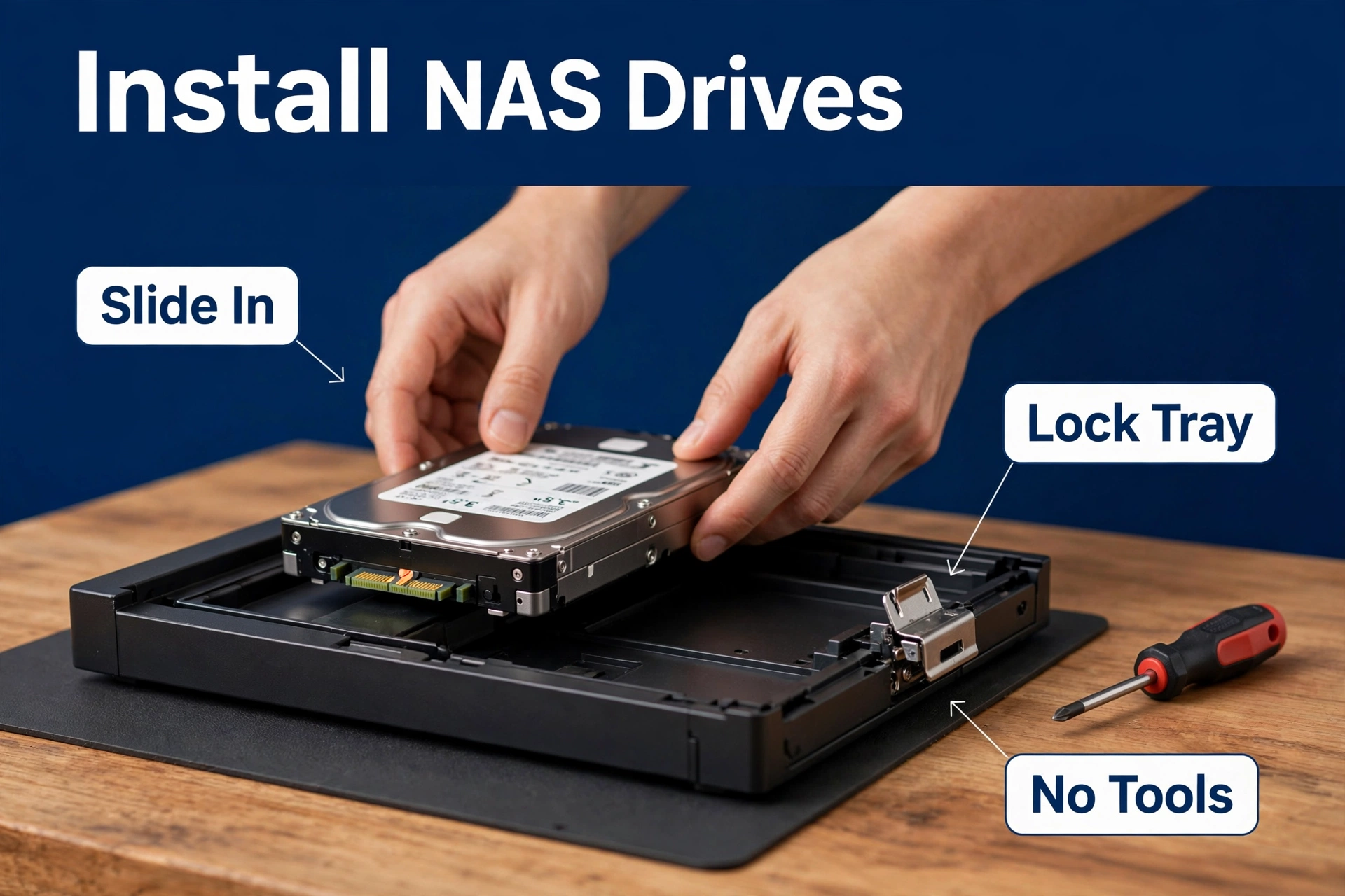 Hands sliding a hard drive into a NAS drive tray on a workbench with a screwdriver nearby