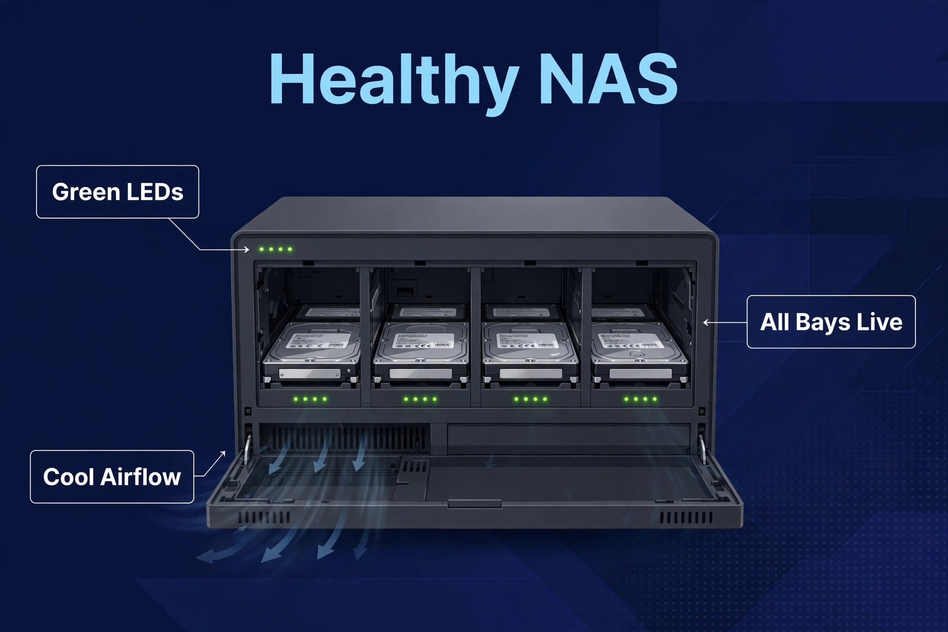 Open four-bay NAS enclosure with installed drives and glowing green status LEDs indicating healthy operation