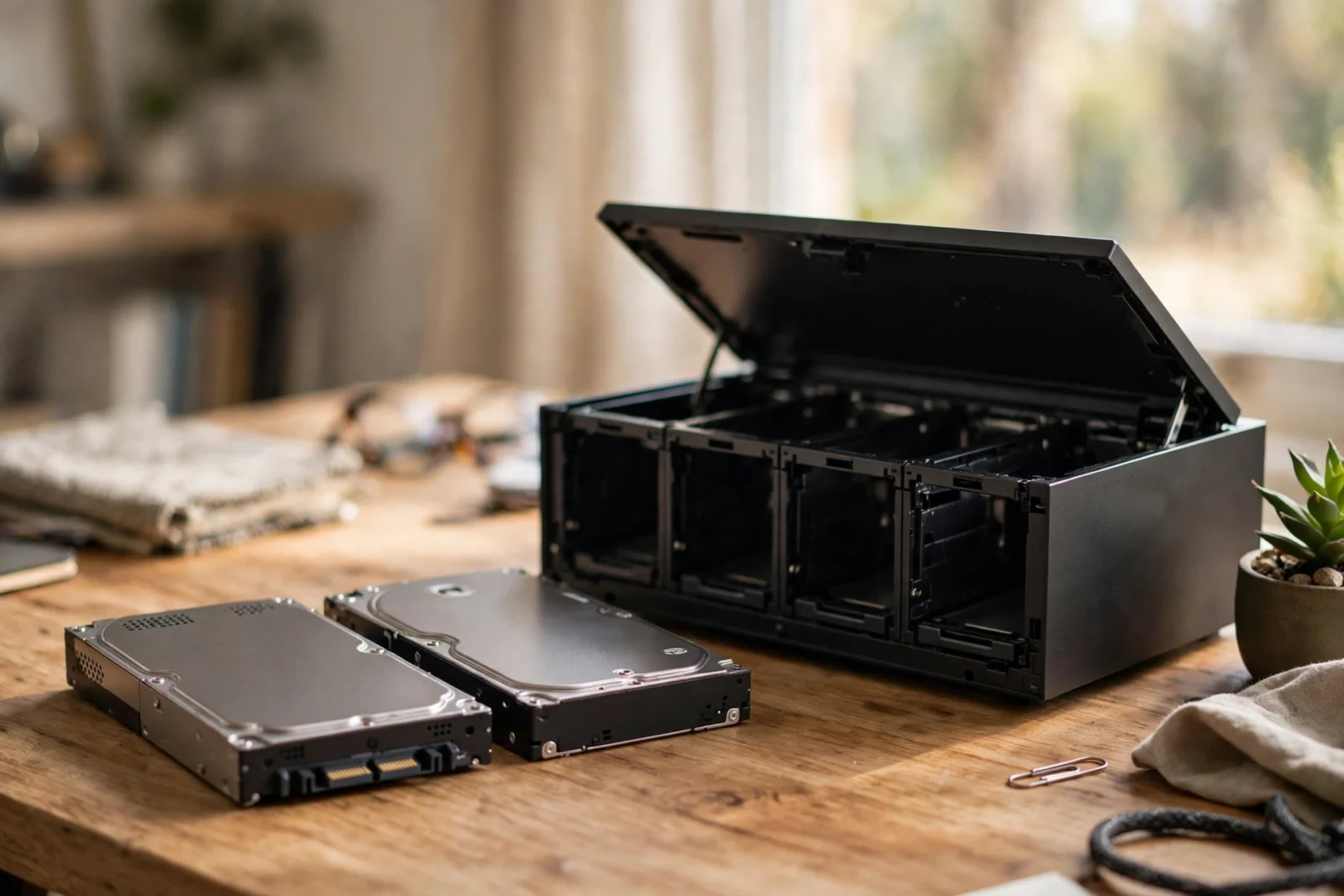 Two NAS hard drives beside an open four-bay NAS enclosure on a wooden desk