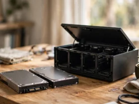 Two NAS hard drives beside an open four-bay NAS enclosure on a wooden desk