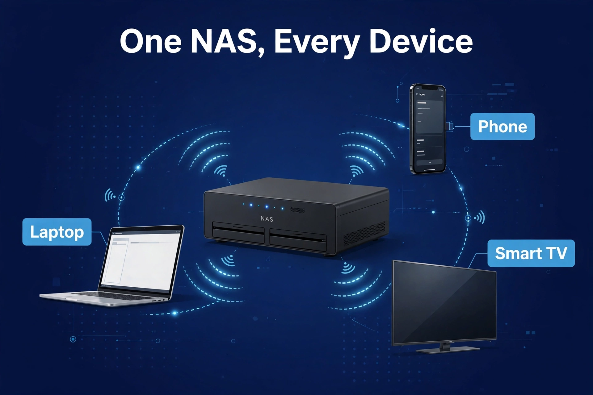 Diagram showing a phone, laptop, and smart TV all connecting wirelessly to one central home NAS