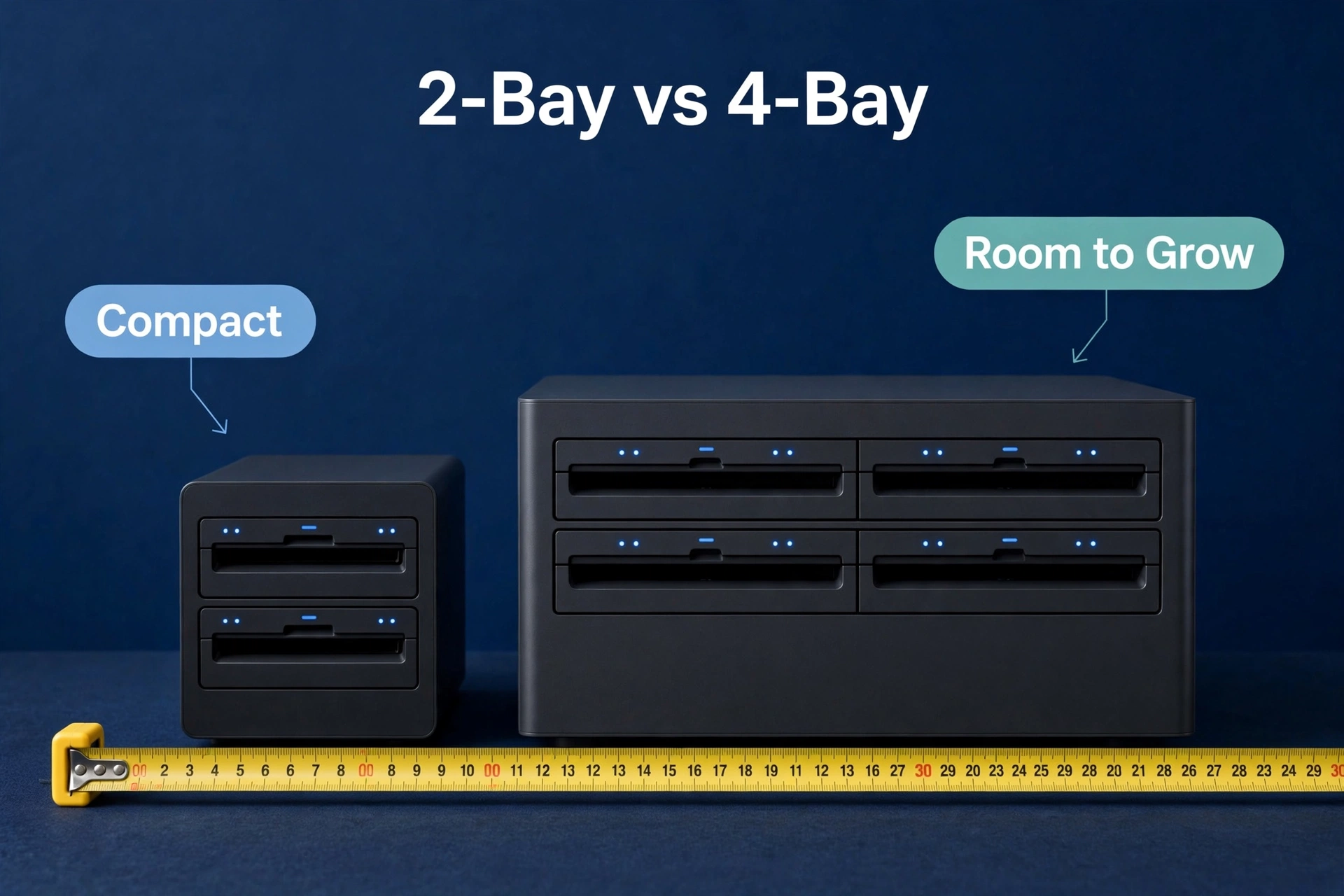 Two-bay and four-bay NAS units side by side with a tape measure for size comparison