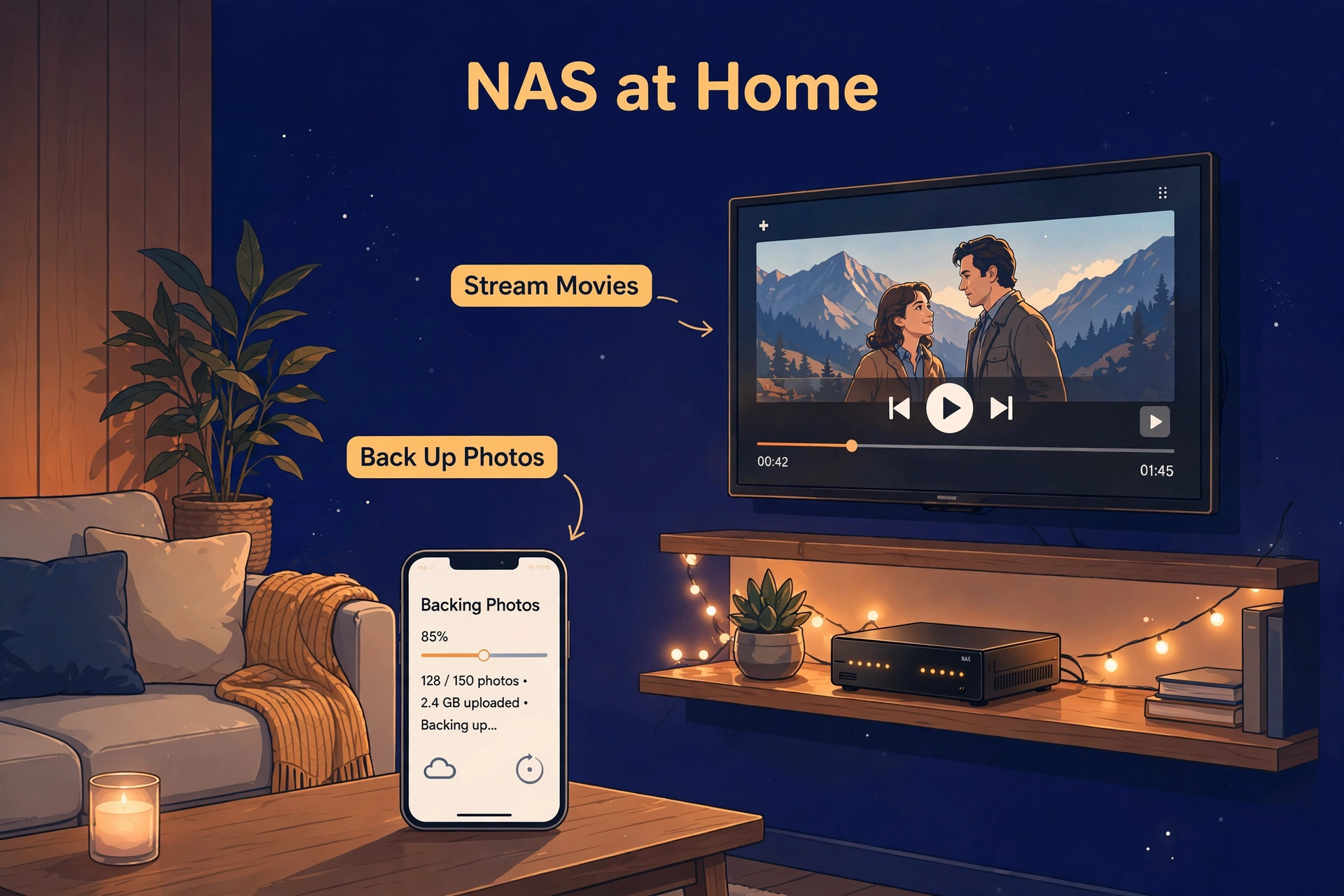 Evening living room with a TV streaming a movie and a phone backing up photos to a NAS