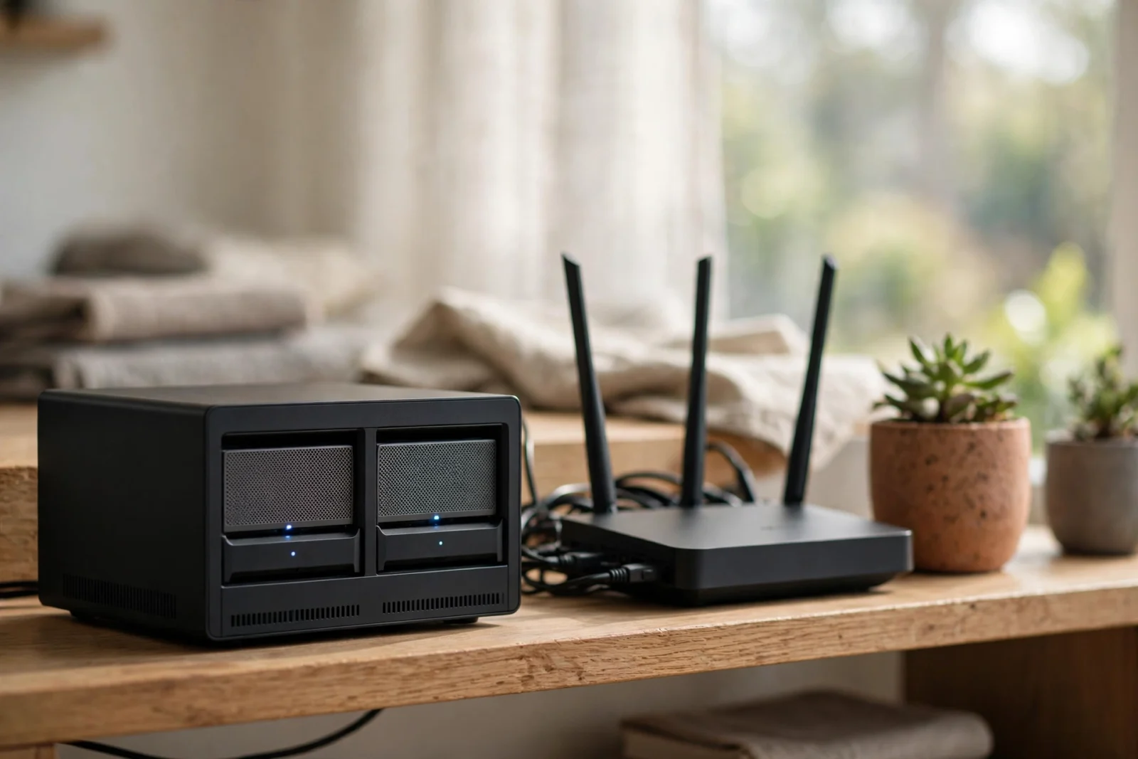 Compact two-bay NAS beside a Wi-Fi router on a home office shelf in morning light