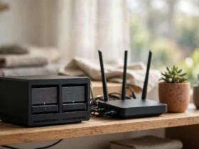 Compact two-bay NAS beside a Wi-Fi router on a home office shelf in morning light