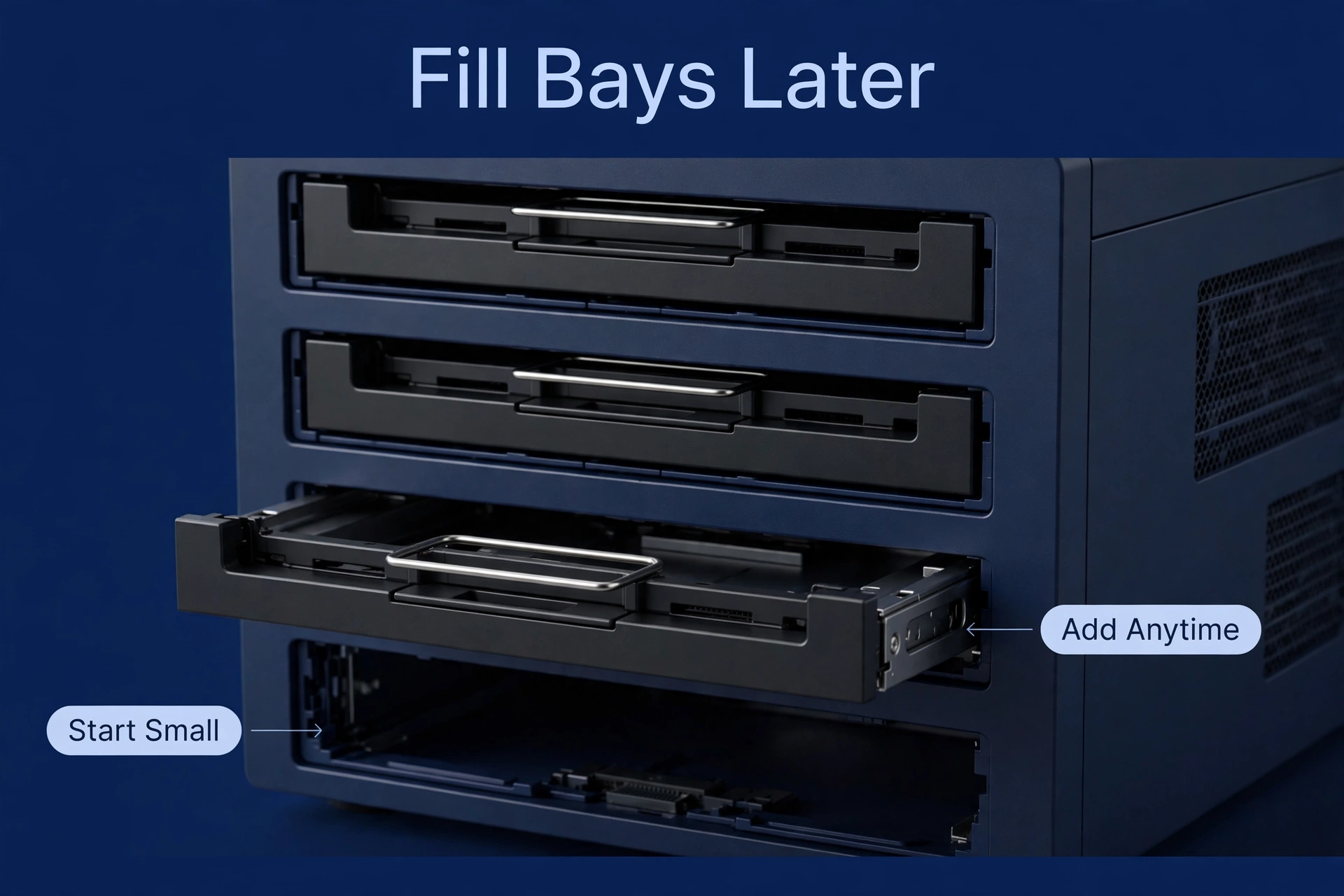 Close-up of NAS drive trays being slid into bays, showing you can start small and add drives later