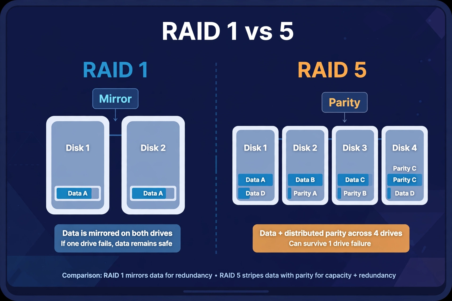 RAID 1 vs RAID 5 diagram comparing mirrored disks with striped parity across four drives