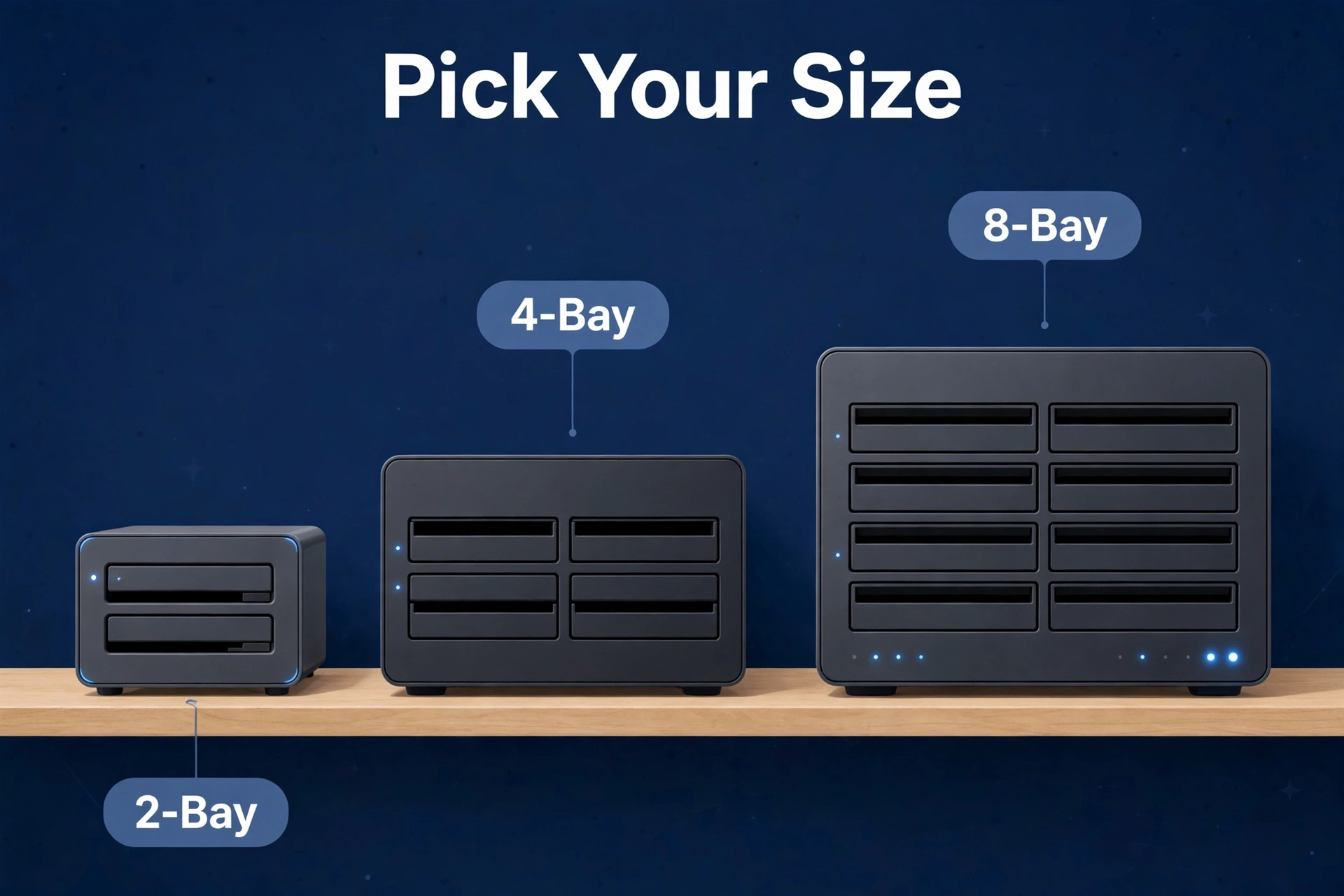 Row of 2-bay, 4-bay, and 8-bay NAS enclosures on a shelf to help pick the right size