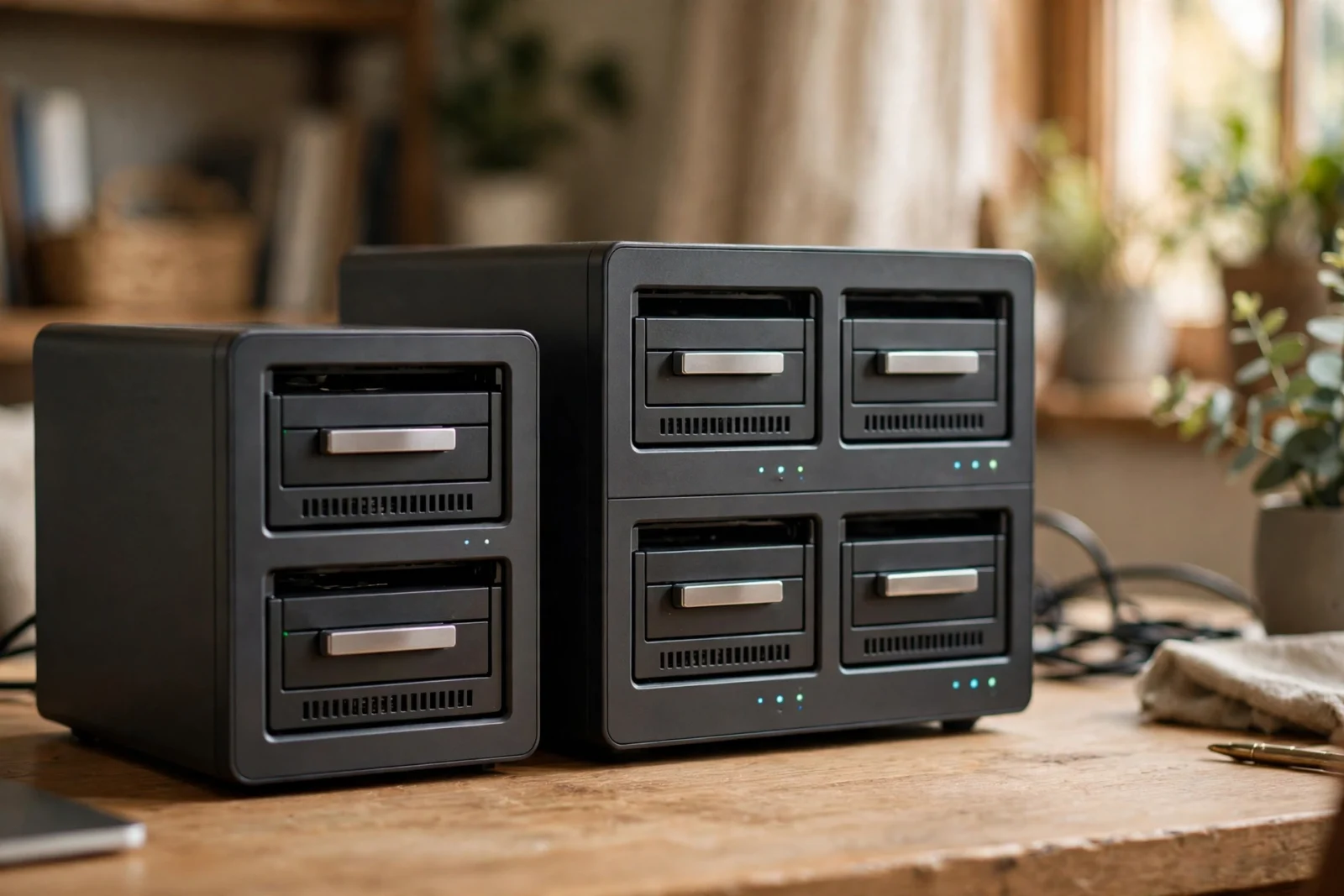 Two-bay and four-bay NAS enclosures side by side on a wooden desk, drive bays visible