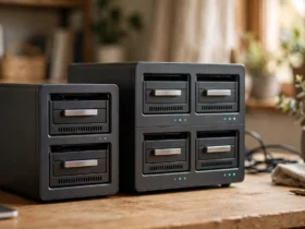 Two-bay and four-bay NAS enclosures side by side on a wooden desk, drive bays visible