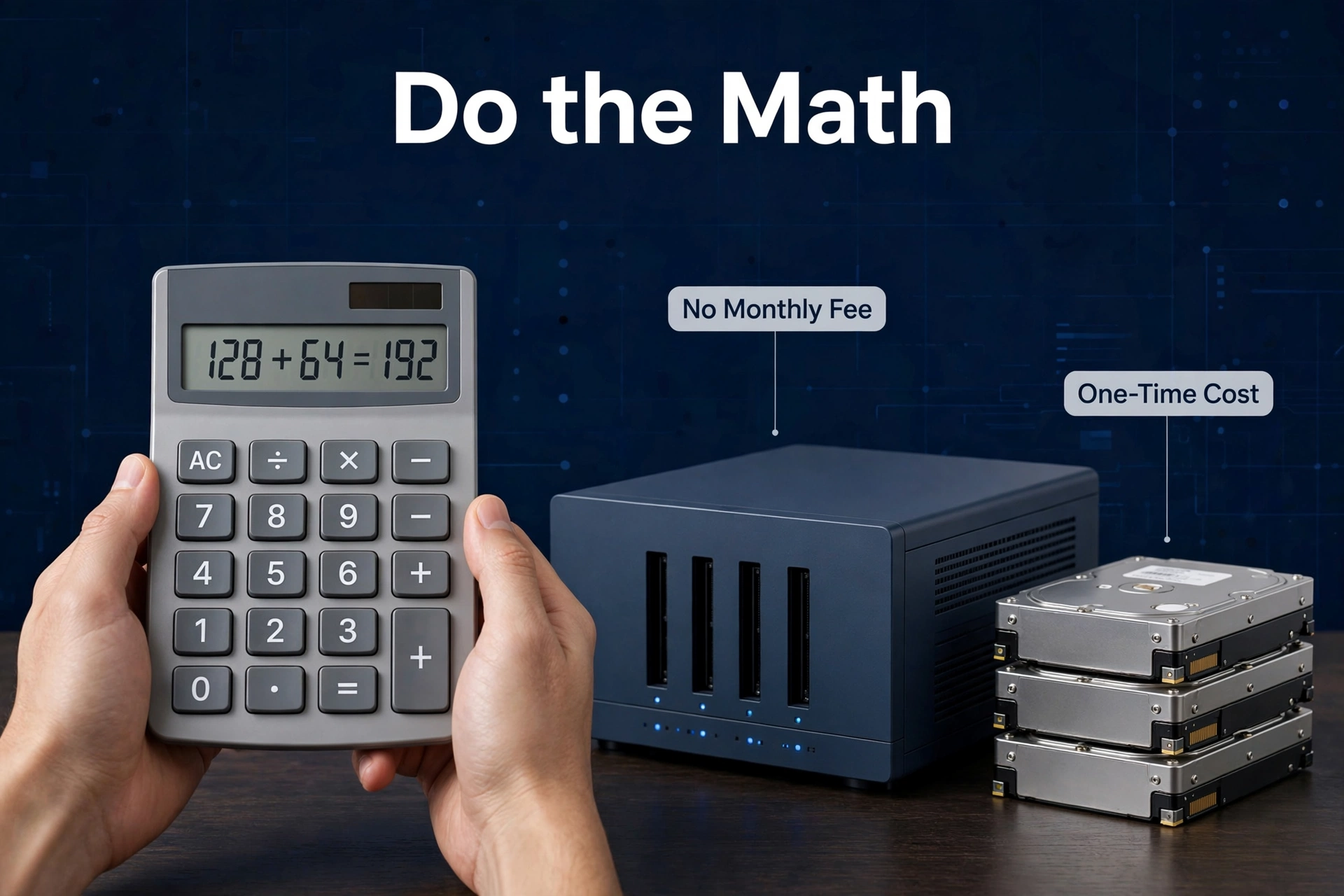 Hands holding a calculator next to a NAS box and stacked hard drives to compare storage costs