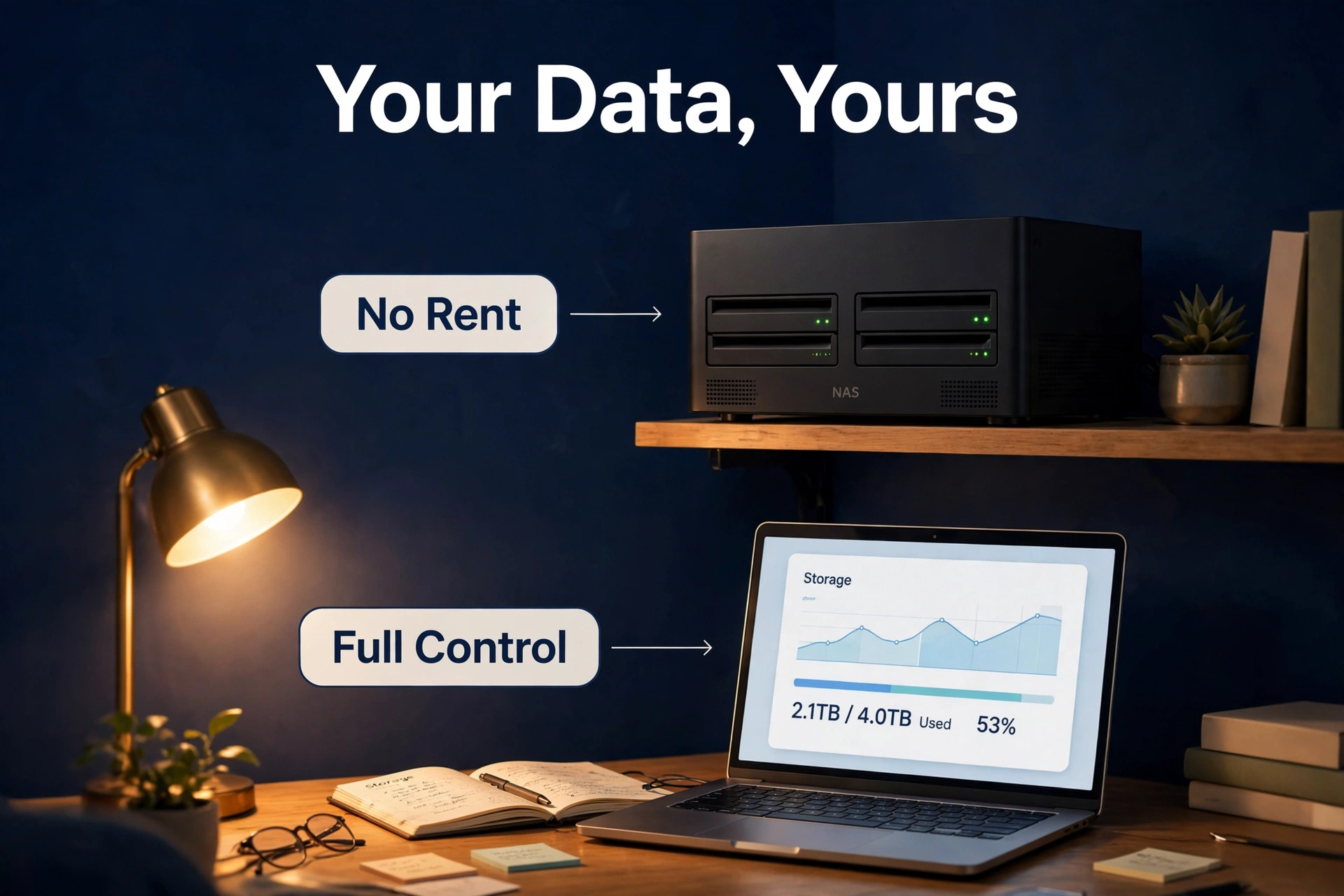 Cozy home office with a NAS on a shelf and a laptop, conveying full control over personal data