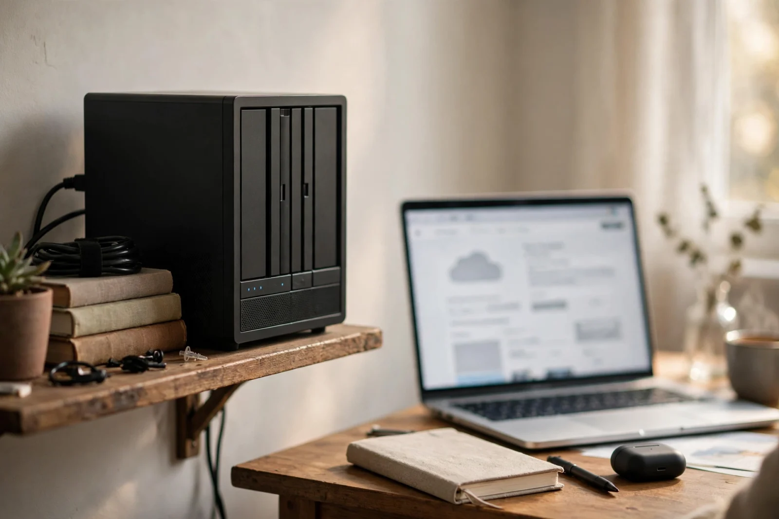 Home NAS on a shelf beside a laptop showing a cloud storage billing page