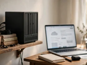 Home NAS on a shelf beside a laptop showing a cloud storage billing page