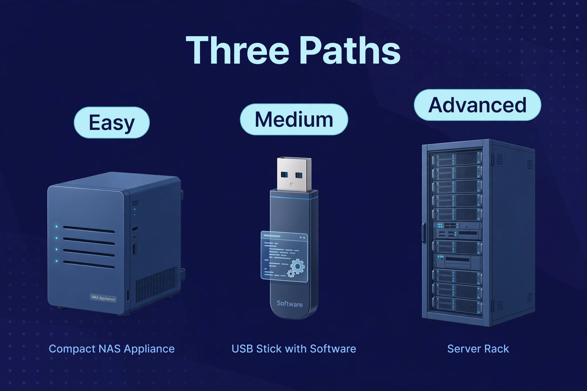 Three difficulty levels shown as a NAS appliance, a USB software stick, and a server rack