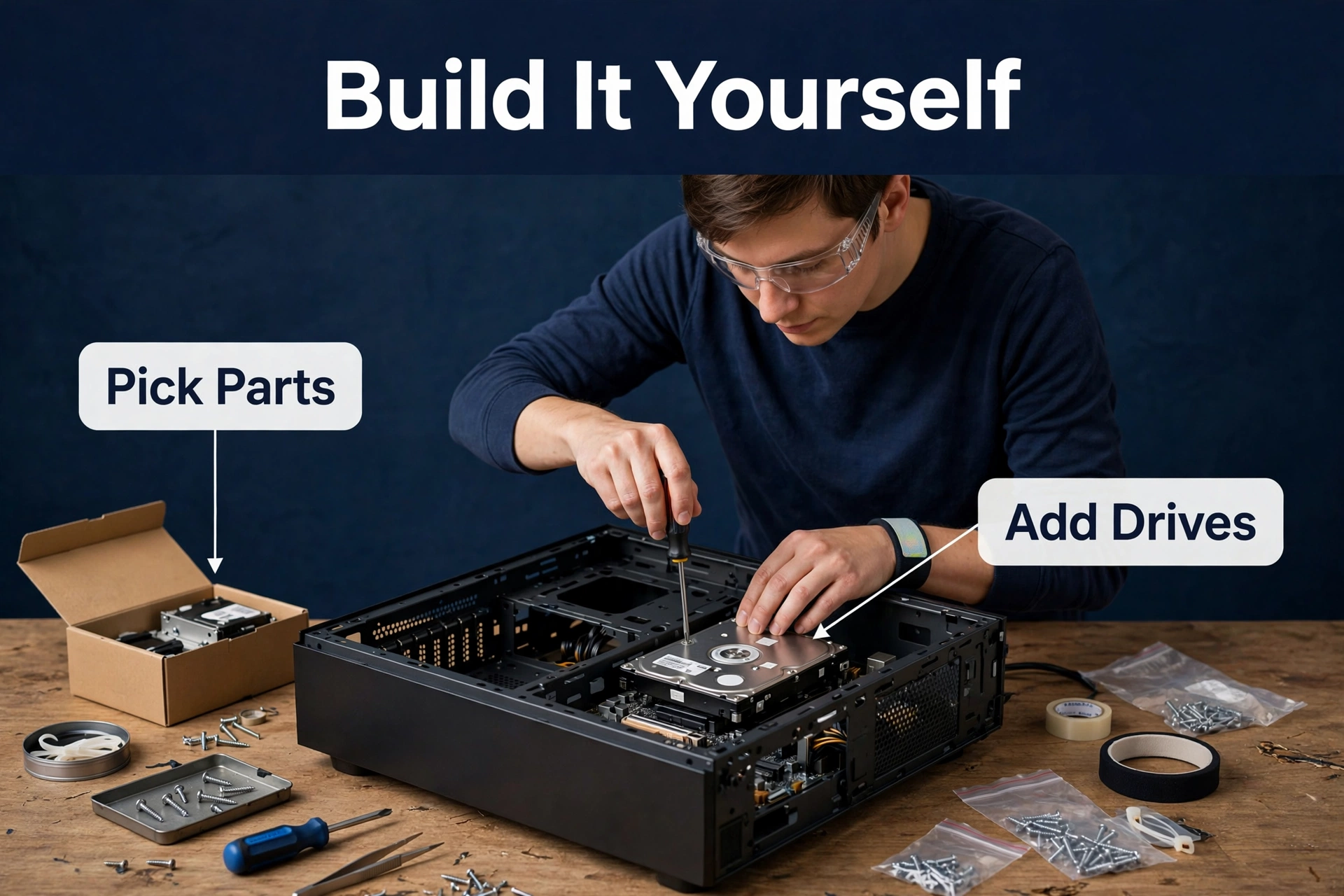 Person assembling a DIY NAS by installing hard drives into a PC case on a workbench