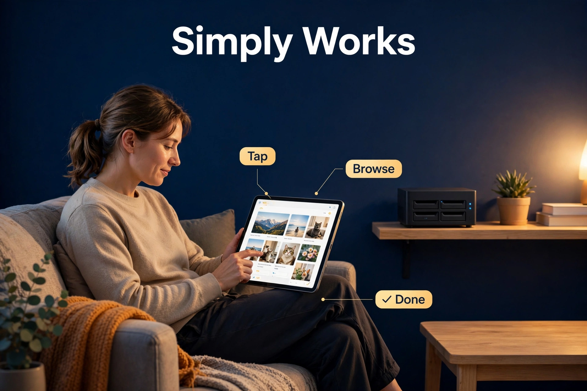 Woman relaxing on a couch browsing photos on a tablet connected to a home NAS