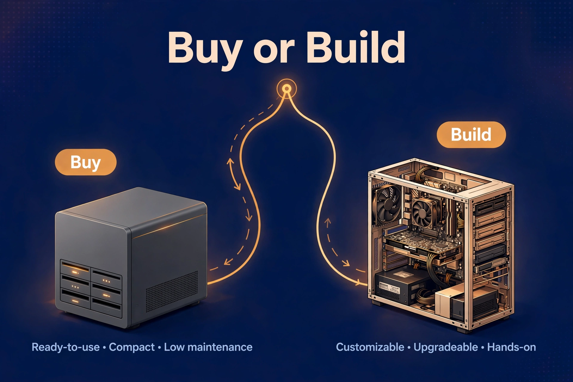 Diverging paths visual leading to a polished NAS appliance on one side and a DIY server on the other