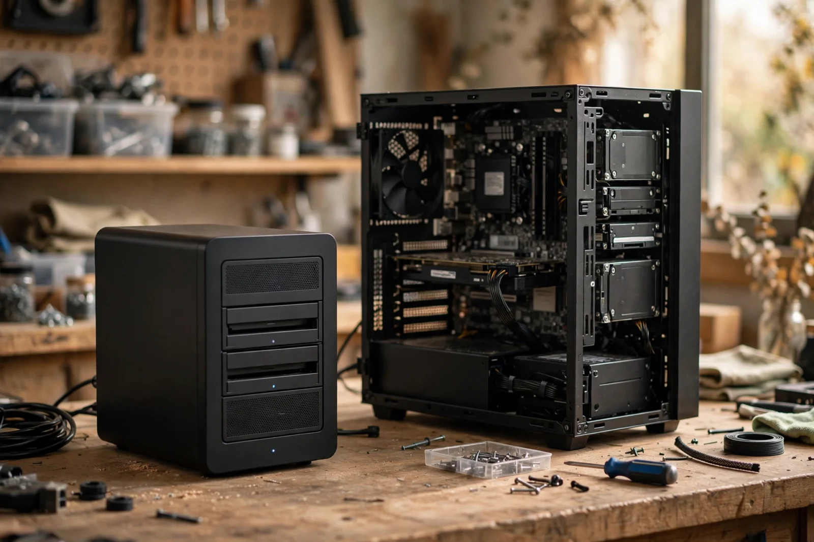 Sleek NAS appliance beside a DIY PC-tower NAS build on a workshop workbench