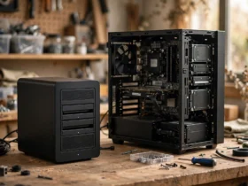 Sleek NAS appliance beside a DIY PC-tower NAS build on a workshop workbench