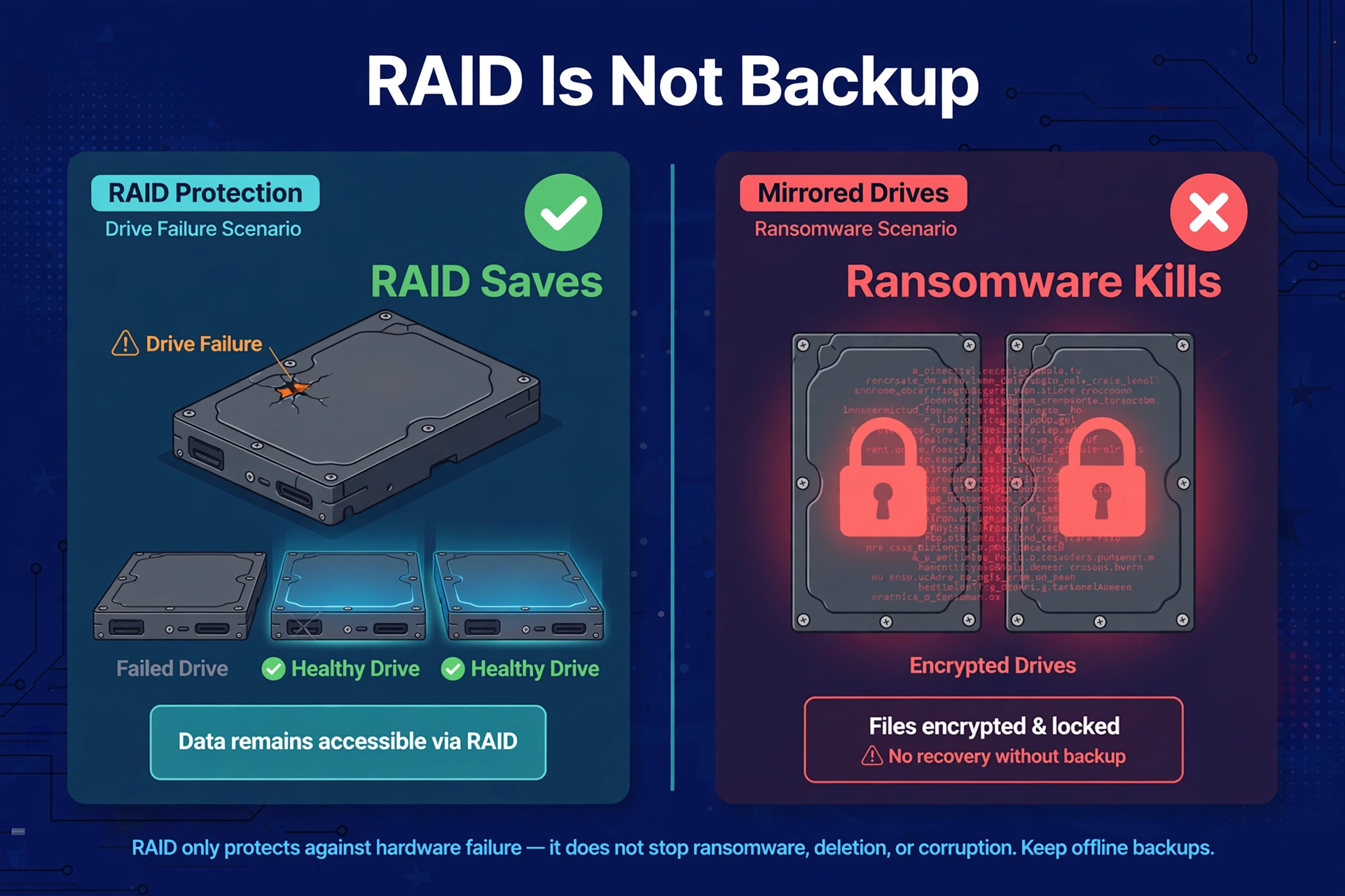 Split graphic showing RAID saving a failed drive versus ransomware encrypting mirrored drives