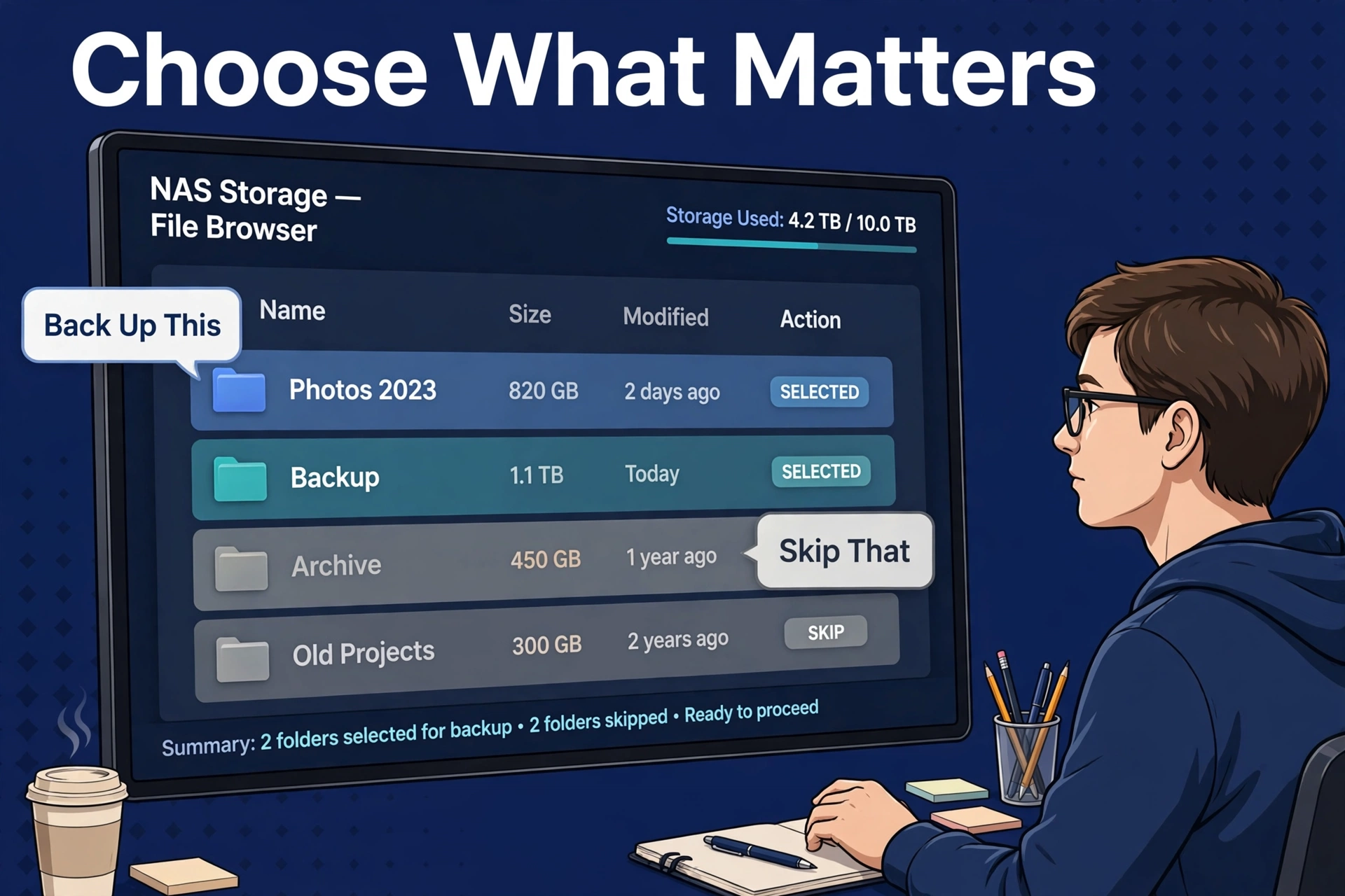Person sorting folders in a NAS file browser, choosing which folders to back up and which to skip