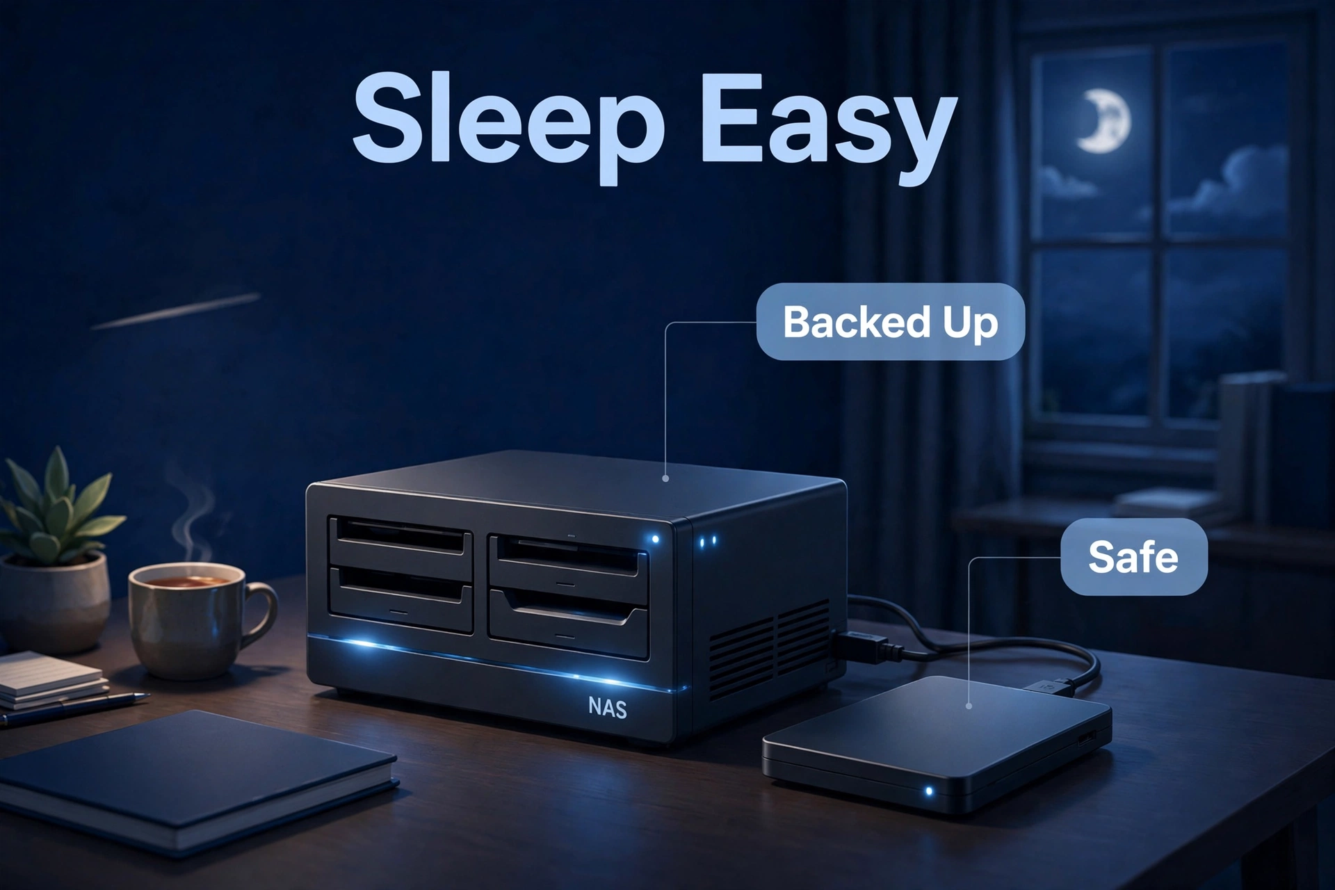 Peaceful night home office with a glowing NAS and connected external drive, everything backed up