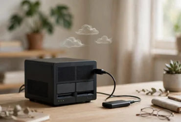 NAS with external USB drive connected and a cloud icon above, the 3-2-1 backup concept