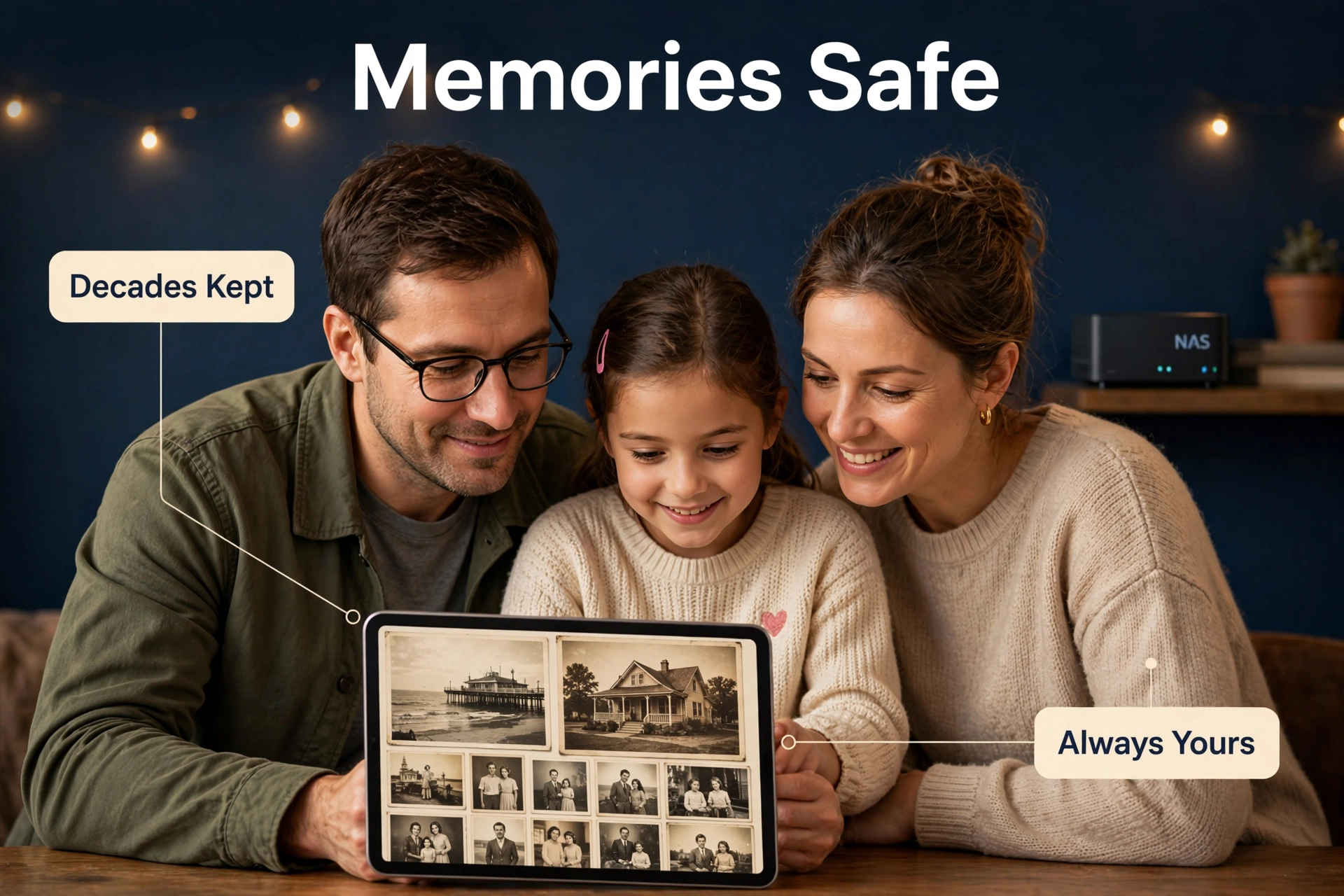 Family viewing old photos together on a tablet with a NAS on the shelf behind them