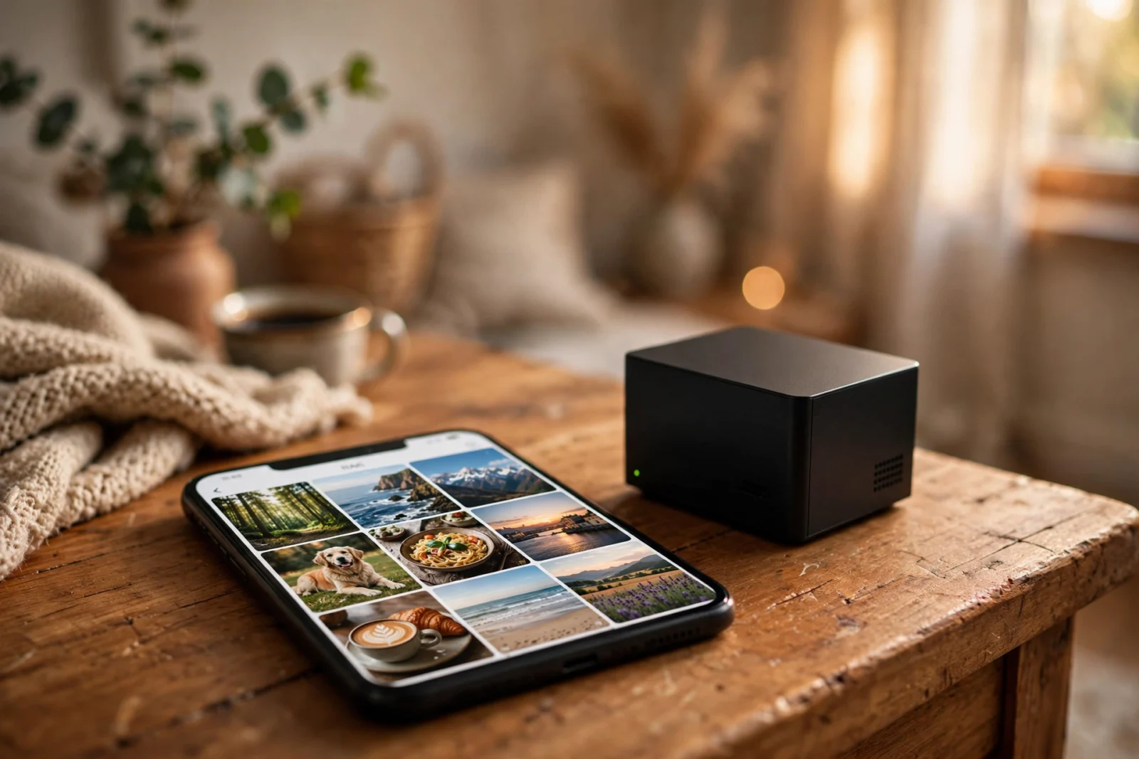 Smartphone showing a photo gallery next to a home NAS box on a wooden table in warm light