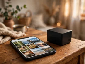 Smartphone showing a photo gallery next to a home NAS box on a wooden table in warm light