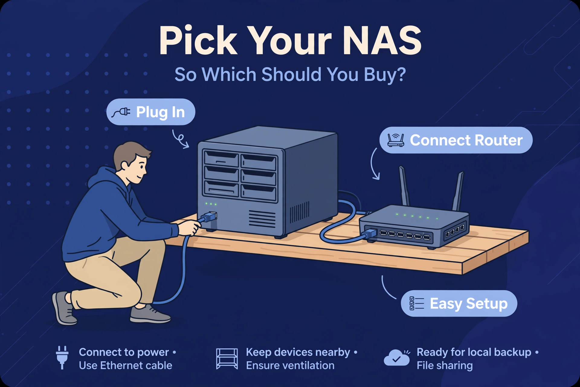 Person connecting a NAS enclosure beside a router on a home office shelf in synology vs qnap setup guide.