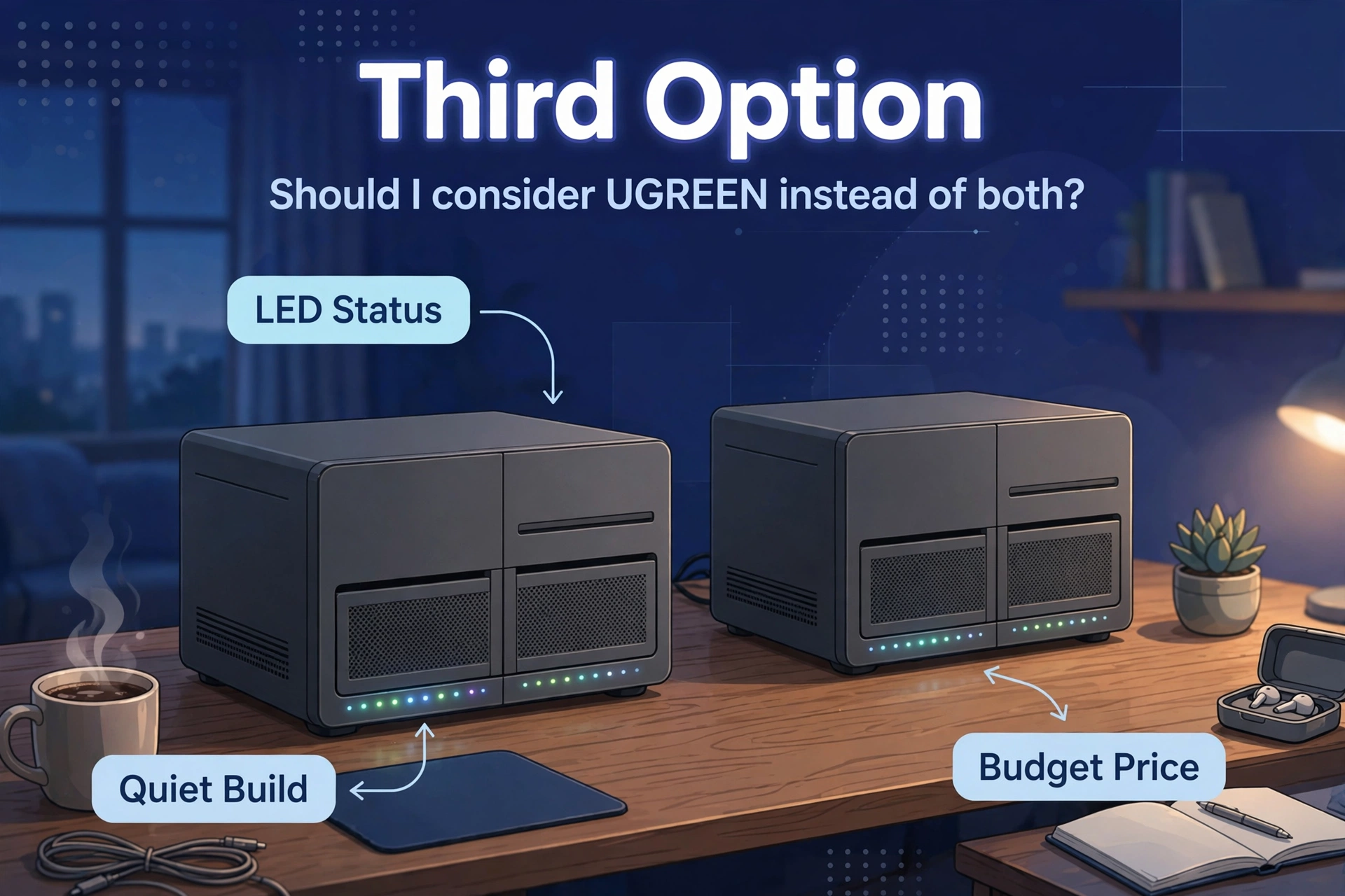 Two generic NAS boxes with glowing LEDs on a desk at dusk for synology vs qnap alternative discussion.