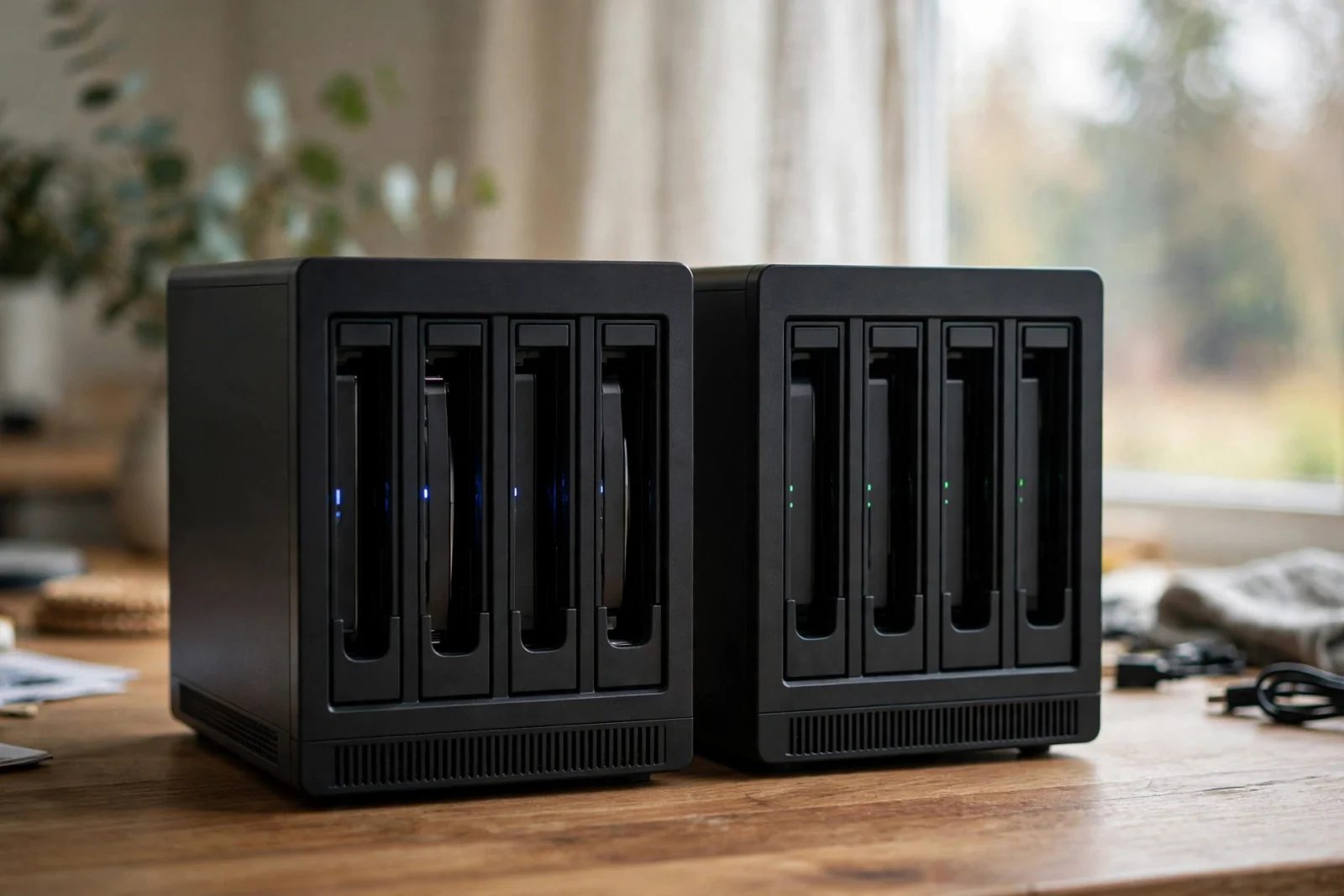 Two unbranded NAS enclosures side by side on a wooden desk in daylight.