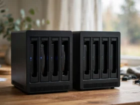 Two unbranded NAS enclosures side by side on a wooden desk in daylight.