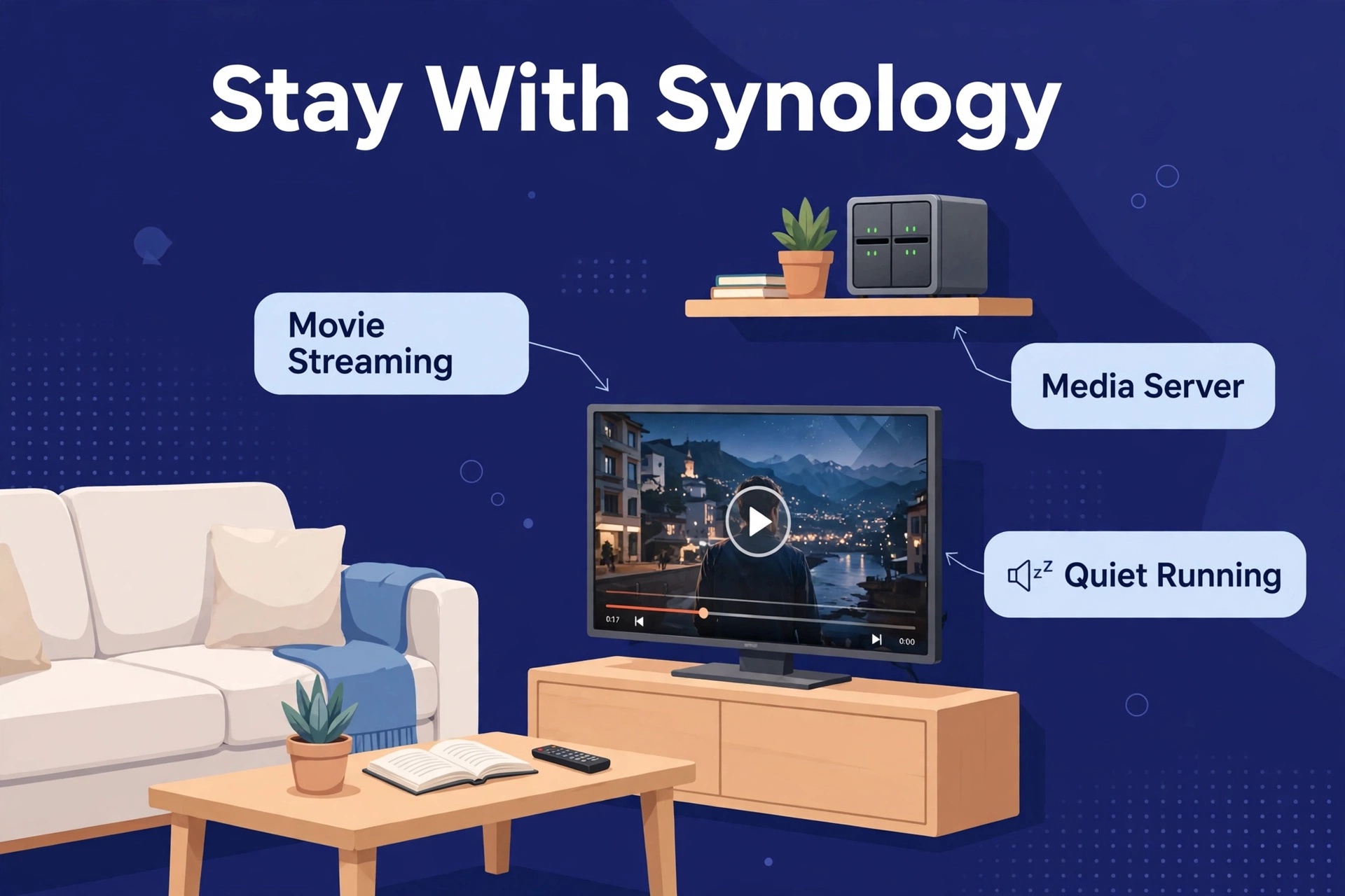 Illustrated living room with TV streaming a movie from a quiet NAS for ugreen vs synology buyers.