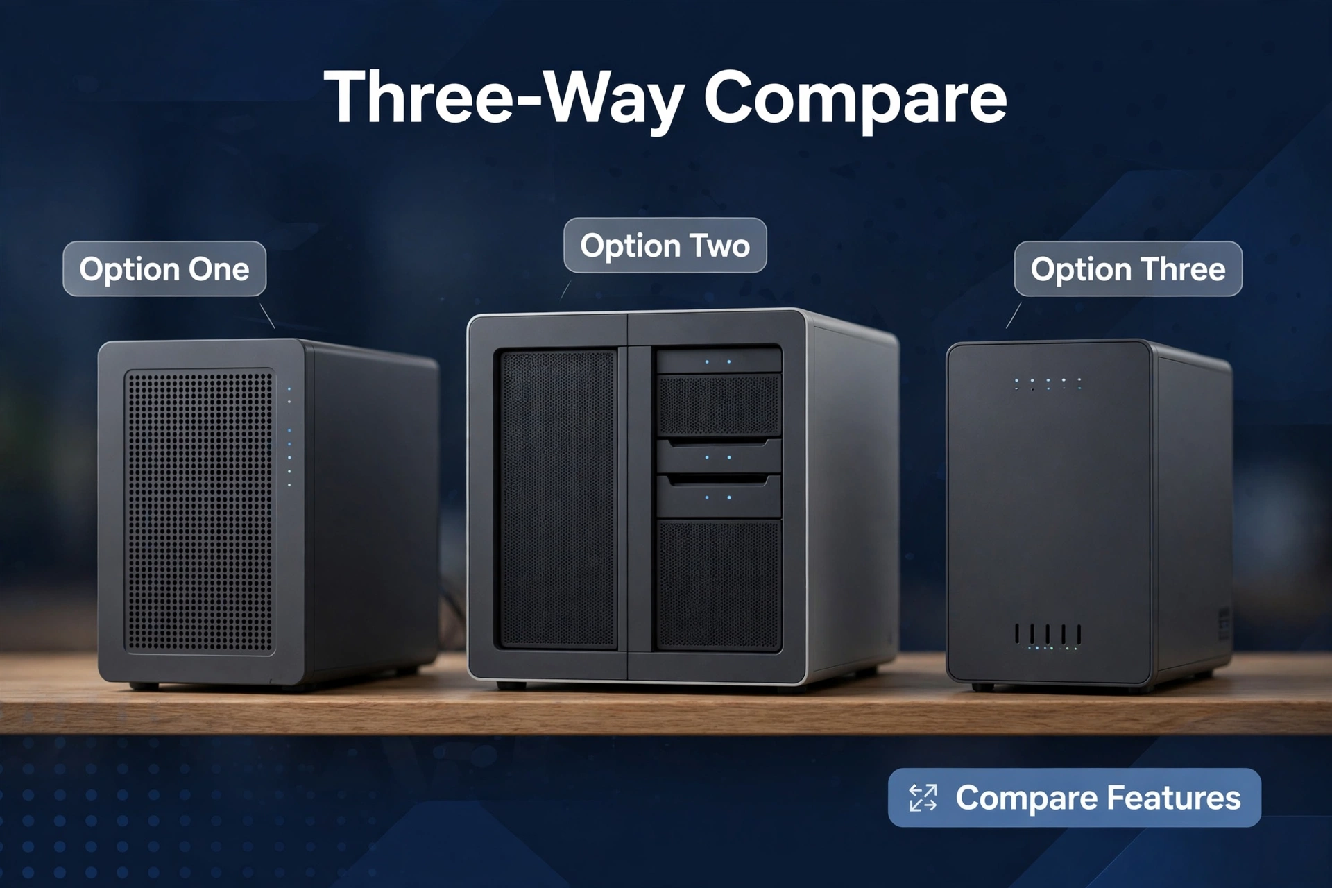 Three unbranded NAS boxes compared side by side as ugreen vs synology alternatives in this guide.