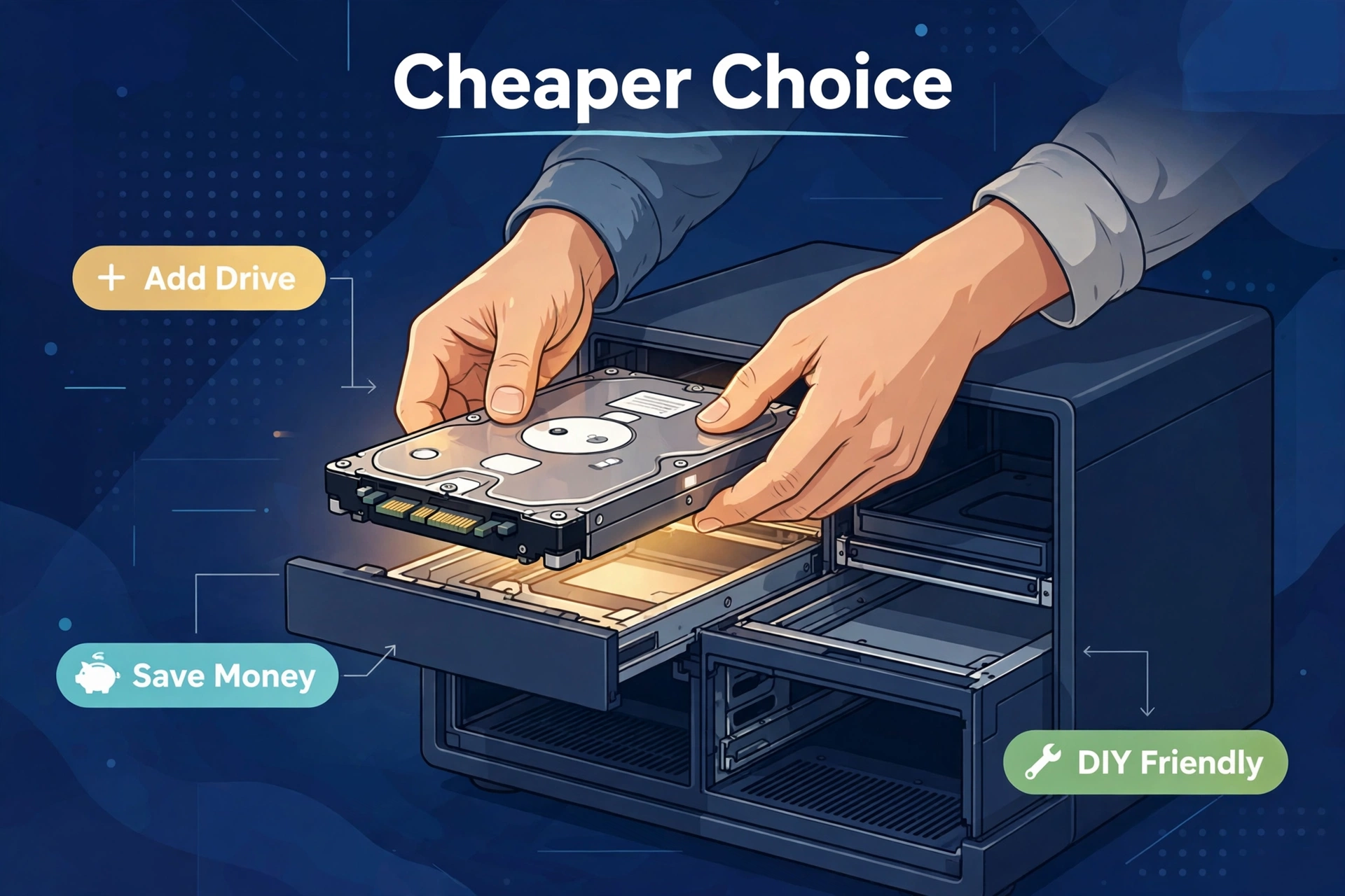 Hands installing a hard drive into a NAS bay, showing DIY savings for ugreen vs synology shoppers.