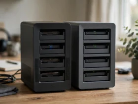 Two unbranded NAS boxes side by side on a desk with drive bays visible.