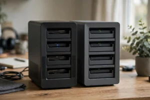 Two unbranded NAS boxes side by side on a desk with drive bays visible.