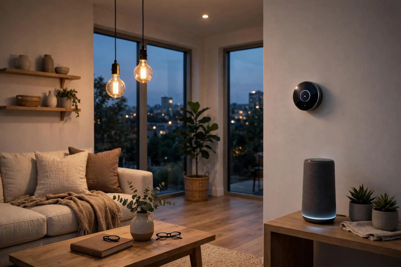 Smart home living room with thermostat and voice assistant