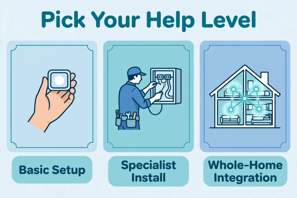 Three levels of professional help for home automation installation: basic setup, specialist installation, and whole-home integration