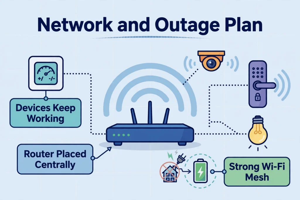 Planning network and outage behavior for a Naples smart home: centrally placed router, strong Wi-Fi mesh, and devices that keep working