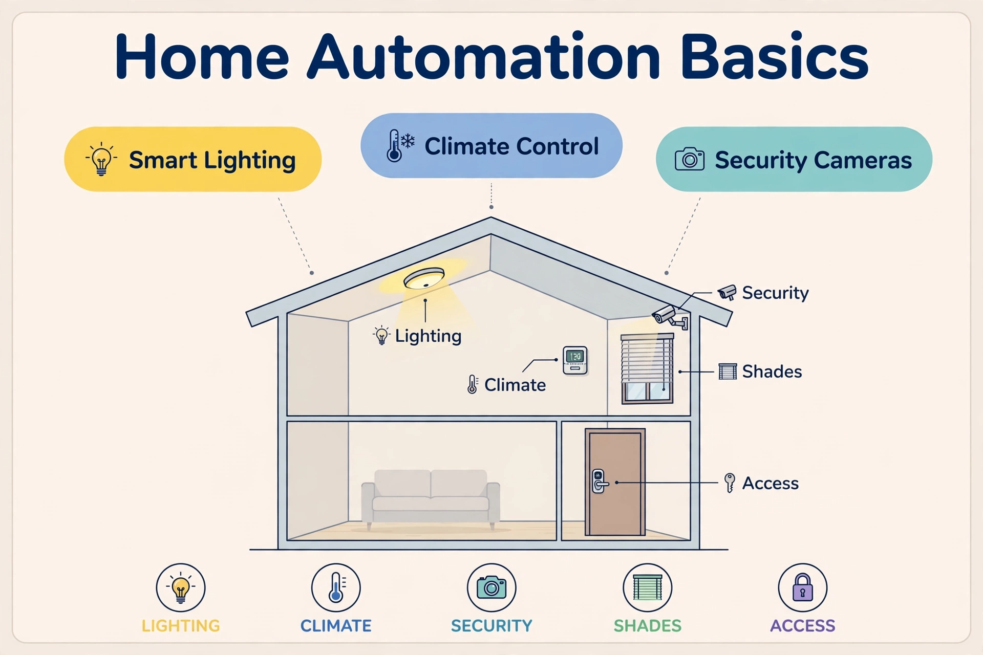 What home automation in Florida covers: smart lighting, climate control, security cameras, shades, and access