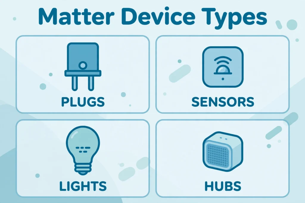 Device categories that support Matter: smart plugs, sensors, lights, and hubs, shown as four generic unbranded icons